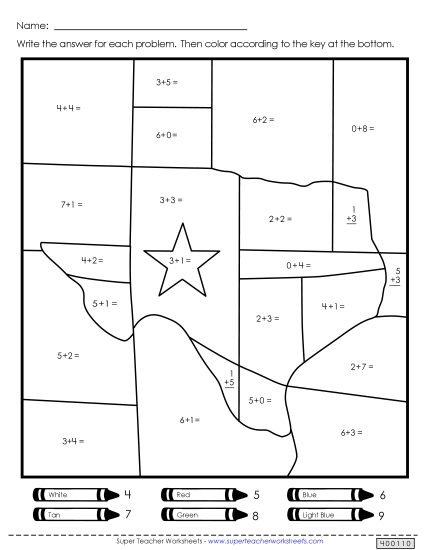 Math Worksheets - Texas Addition Mystery Picture (Printable PDF Worksheet)