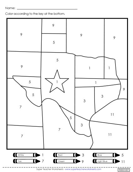 Math Worksheets - Texas Color-by-Number (Printable PDF Worksheet)