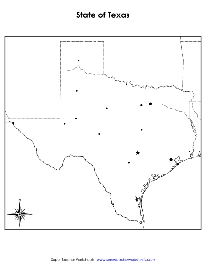 Maps - Texas Map (Blank Cities) (Printable PDF Worksheet)