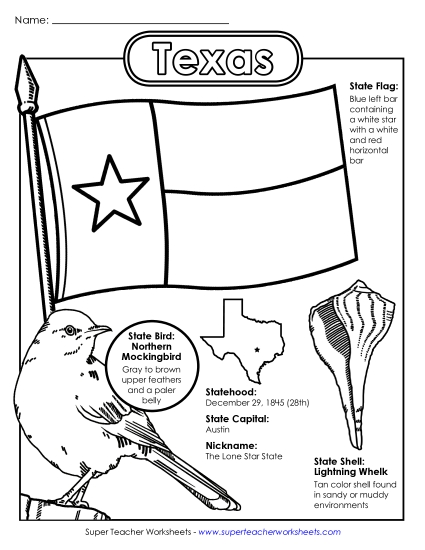 Symbols - Texas State Symbols Coloring Page (Printable PDF Worksheet)