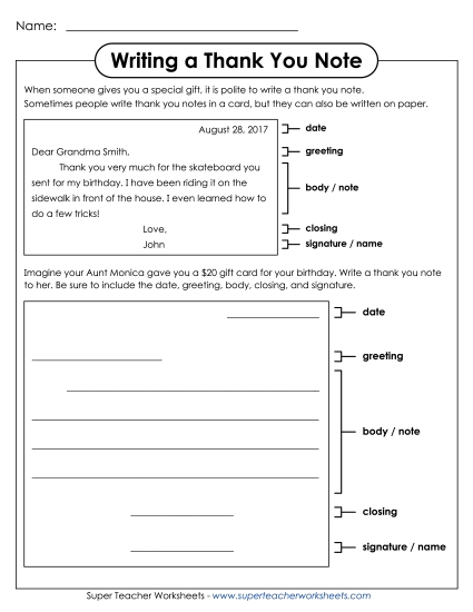 Letter-Writing Worksheets - Thank You Letter #2 (Printable PDF Worksheet)
