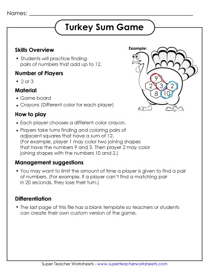 Holiday Sum Game - Thanksgiving Sum Game (Printable PDF Worksheet)