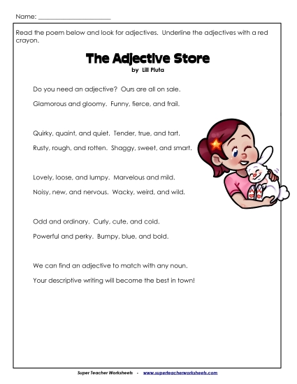 Grammar Poems - The Adjective Store (Poem)  (Printable PDF Worksheet)