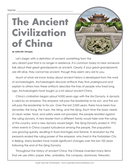Reading Comprehension - The Ancient Civilization of China (Printable PDF Worksheet)