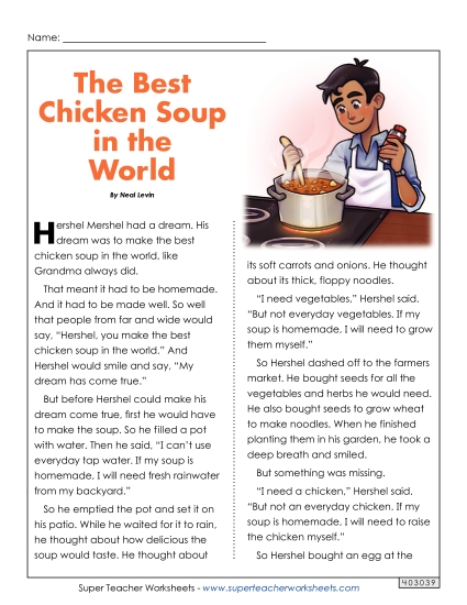 Fiction Stories - The Best Chicken Soup in the World  (Printable PDF Worksheet)