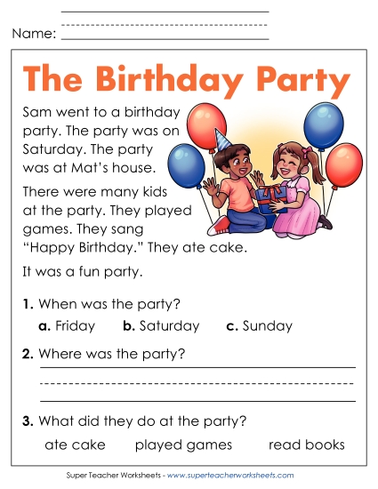 Reading Comprehension and  Additional ELA Skills - The Birthday Party (Printable PDF Worksheet)