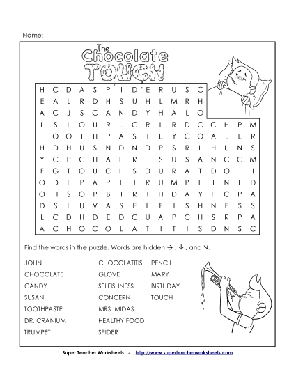 Whole Book - The Chocolate Touch Wordsearch  (Printable PDF Worksheet)