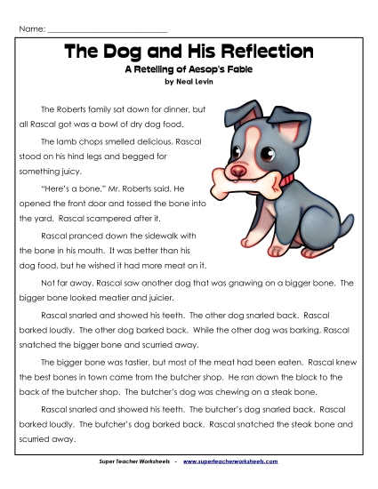 Fiction Stories - The Dog and His Reflection (Fiction)  (Printable PDF Worksheet)