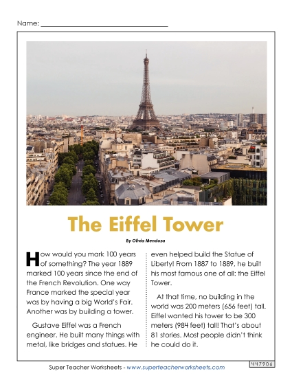 Nonfiction Articles - The Eiffel Tower (Printable PDF Worksheet)