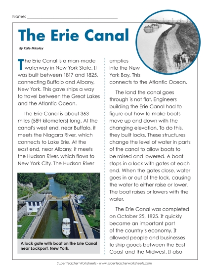 Reading Comprehension - The Erie Canal (Printable PDF Worksheet)
