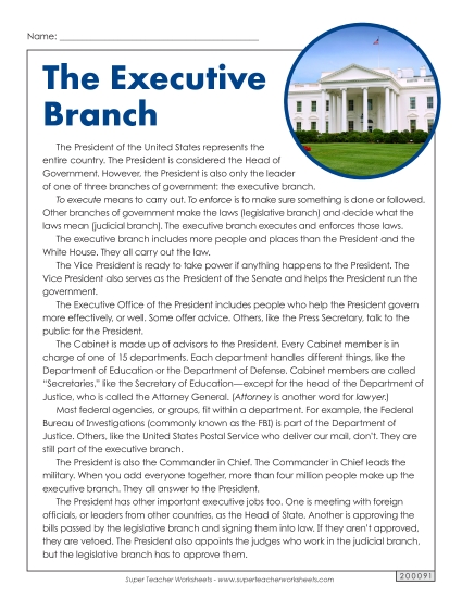 Reading Comprehension - The Executive Branch (Printable PDF Worksheet)