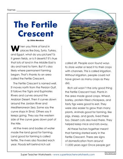 Worksheets - The Fertile Crescent  Full Reading Comp (Printable PDF Worksheet)