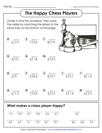 Division - The Happy Chess Player (1-Digit Quotients w/ Remainders) (Printable PDF Worksheet)