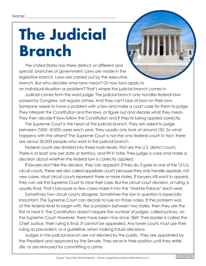 Reading Comprehension - The Judicial Branch (Printable PDF Worksheet)