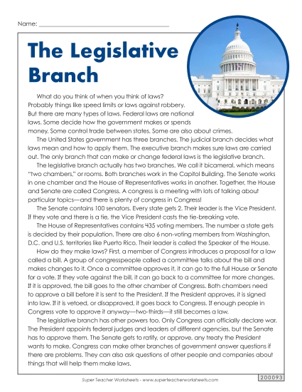 Reading Comprehension - The Legislative Branch (Printable PDF Worksheet)