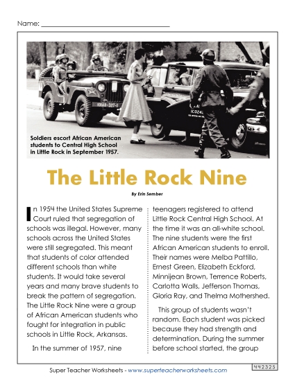 Nonfiction Articles - The Little Rock Nine (Printable PDF Worksheet)