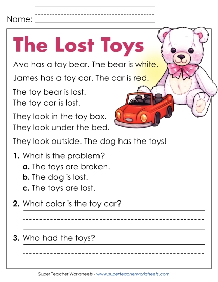 Reading Comprehension and  Additional ELA Skills - The Lost Toys (Printable PDF Worksheet)