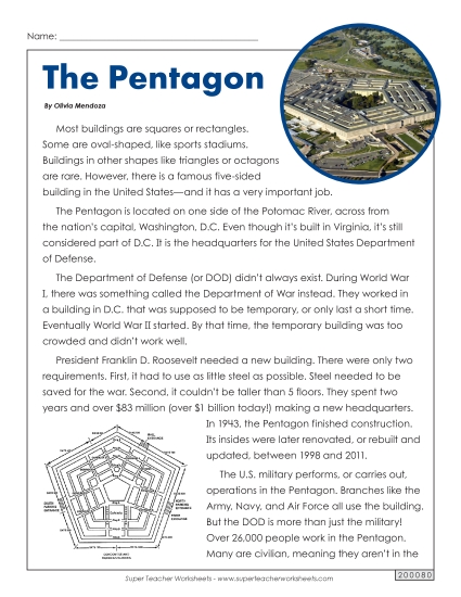 Reading Comprehension - The Pentagon (Printable PDF Worksheet)