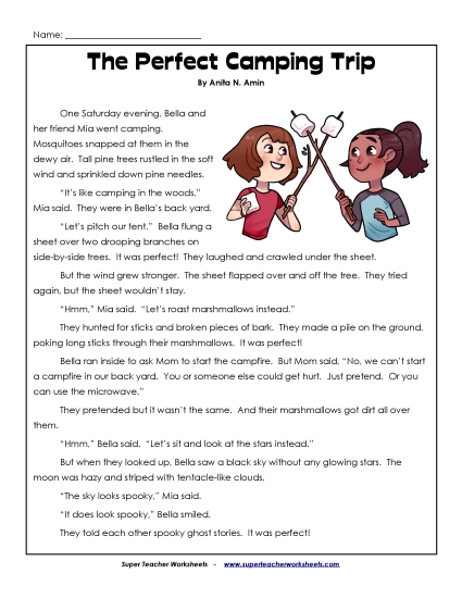 Fiction Stories - The Perfect Camping Trip  (Printable PDF Worksheet)