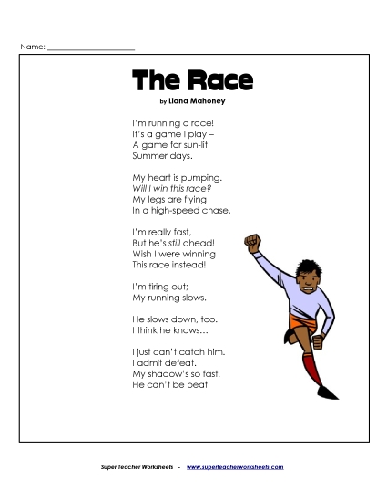 3rd Grade Poems - The Race (Printable PDF Worksheet)