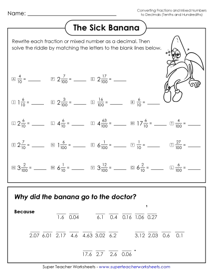 Decimals - The Sick Banana (Tenths, Hundredths, Thousandths) (Printable PDF Worksheet)