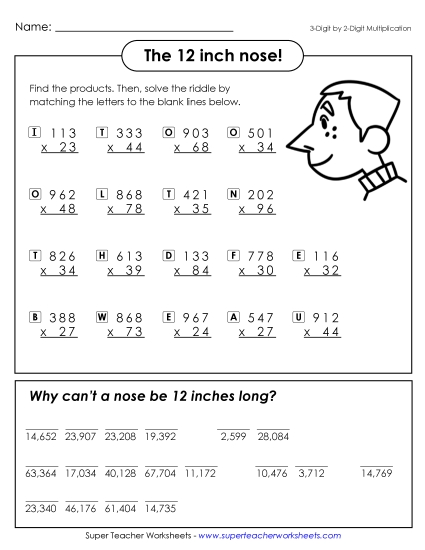 Multiplication - The Twelve Inch Nose (Multiply 3-Digit by 2-Digit) (Printable PDF Worksheet)