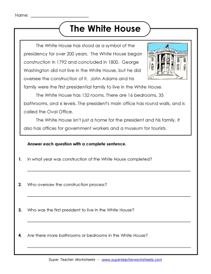 Reading Comprehension - The White House (Printable PDF Worksheet)