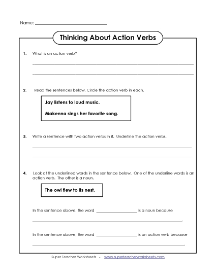 Basic Action Verbs - Thinking About Action Verbs (Printable PDF Worksheet)