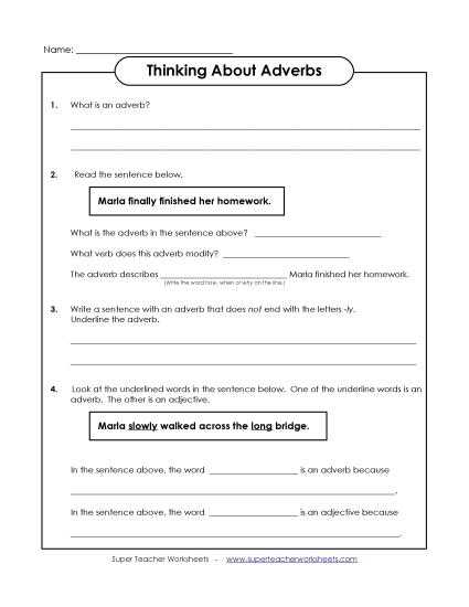 Adverb Worksheets - Thinking About Adverbs (Printable PDF Worksheet)
