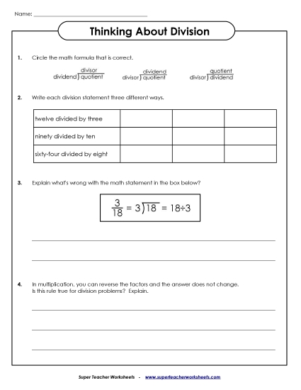 Worksheets - Thinking About Division (Printable PDF Worksheet)