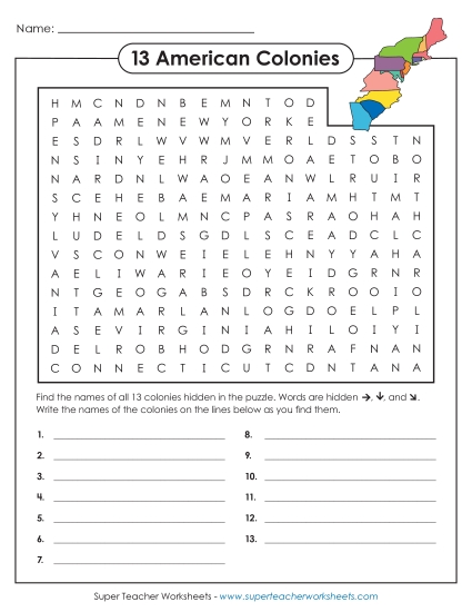 Intermediate (Grades 3-6) - Thirteen American Colonies (Printable PDF Worksheet)