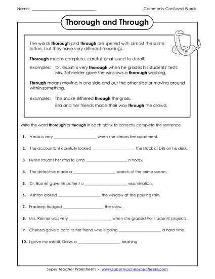 Thorough and Through  (Printable PDF Worksheet)