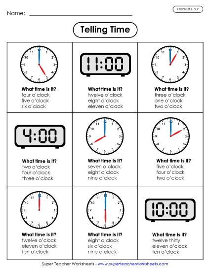 Worksheets - Time in Hours (Multiple Choice) (Printable PDF Worksheet)