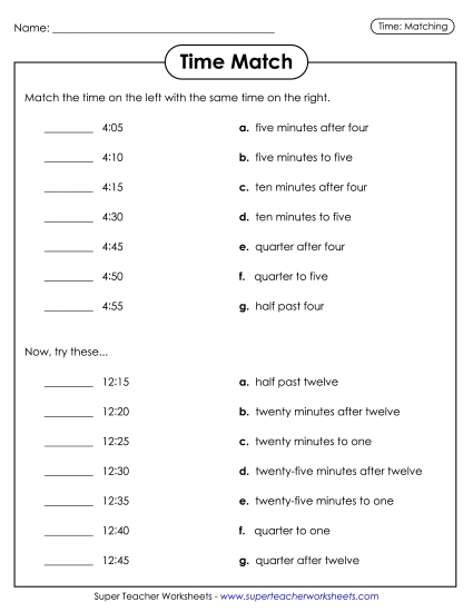 Quarter Hours - Time Match (Printable PDF Worksheet)
