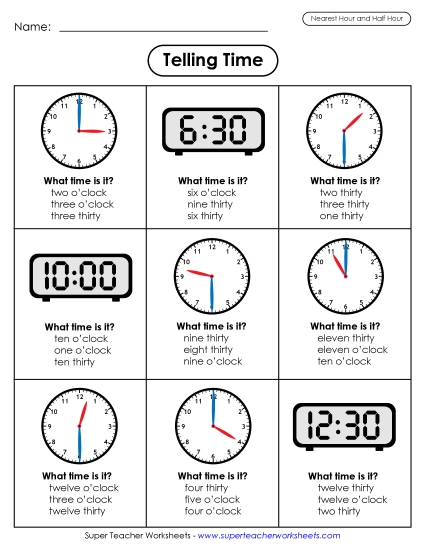 Reading Clocks: Nearest Half Hour - Time Nearest Half Hour (Multiple Choice) (Printable PDF Worksheet)