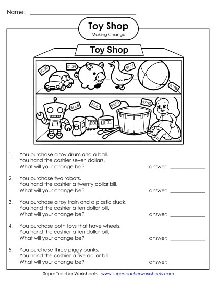Intermediate (Grades 3 - 4) - Toy Shop: Subtraction Across Zero (Printable PDF Worksheet)