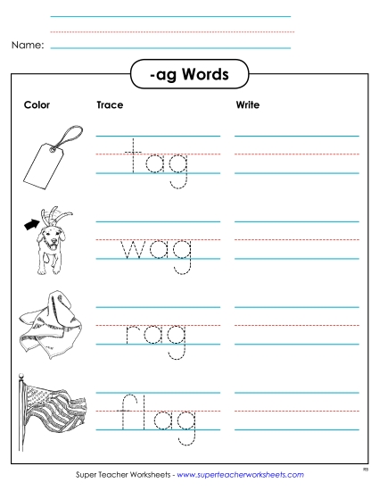 Worksheets - Trace and Write (-ag) (Printable PDF Worksheet)