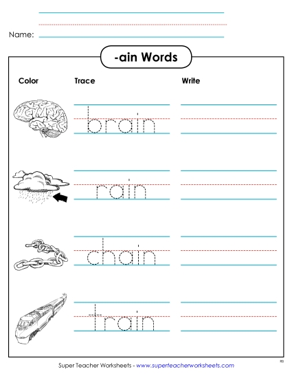 Worksheets - Trace and Write (-ain) (Printable PDF Worksheet)