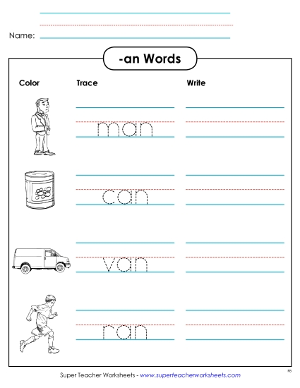 Worksheets - Trace and Write (-an) (Printable PDF Worksheet)