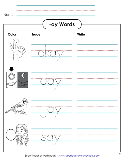 Worksheets - Trace and Write (-ay) (Printable PDF Worksheet)