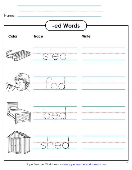 Worksheets - Trace and Write (-ed) (Printable PDF Worksheet)
