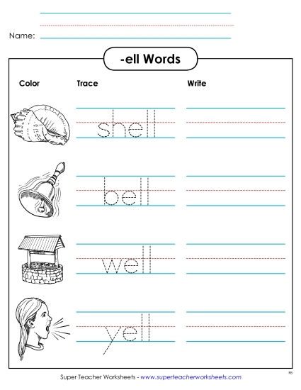 Worksheets - Trace and Write (-ell) (Printable PDF Worksheet)