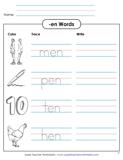 Worksheets - Trace and Write (-en) (Printable PDF Worksheet)