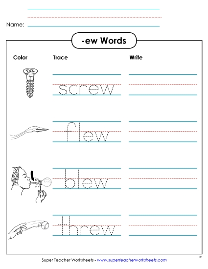 Worksheets - Trace and Write (-ew) (Printable PDF Worksheet)