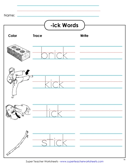 Worksheets - Trace and Write (-ick) (Printable PDF Worksheet)