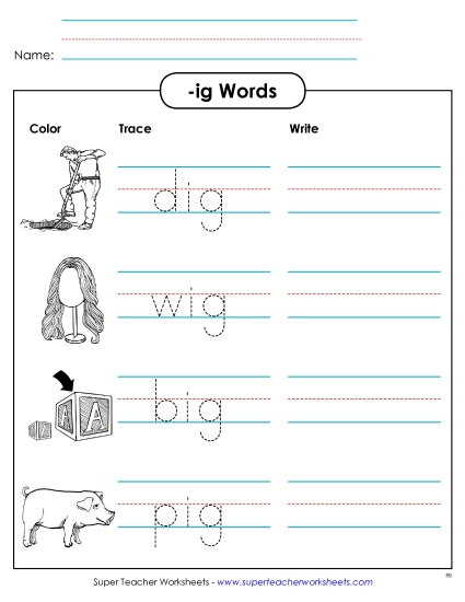 Worksheets - Trace and Write (-ig) (Printable PDF Worksheet)