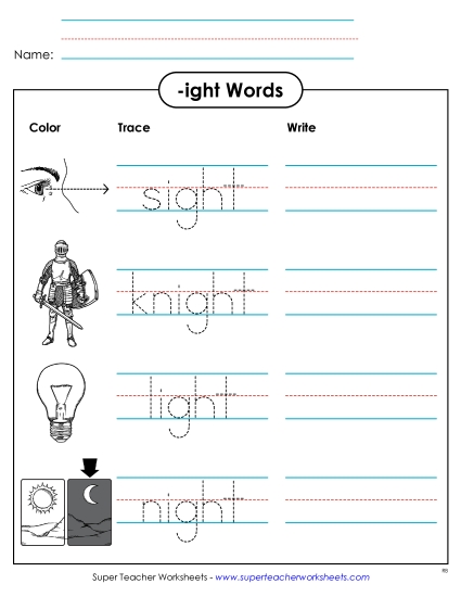 Worksheets - Trace and Write (-ight) (Printable PDF Worksheet)