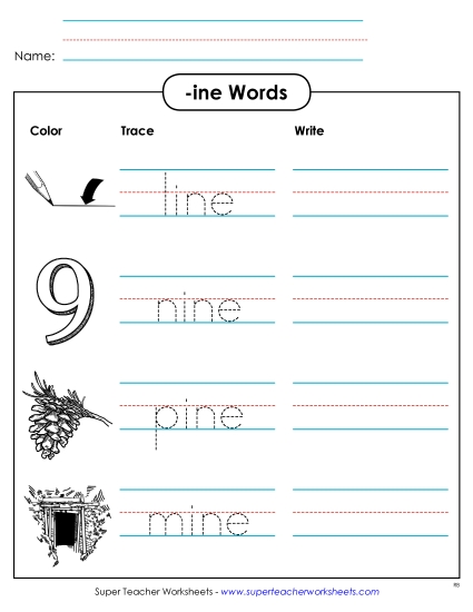 Worksheets - Trace and Write (-ine) (Printable PDF Worksheet)