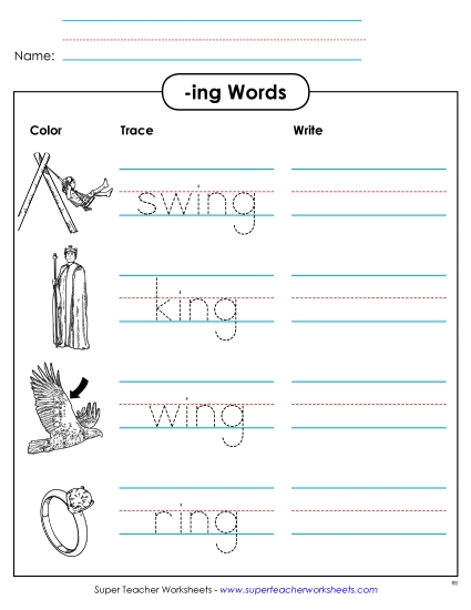 Worksheets - Trace and Write (-ing) (Printable PDF Worksheet)