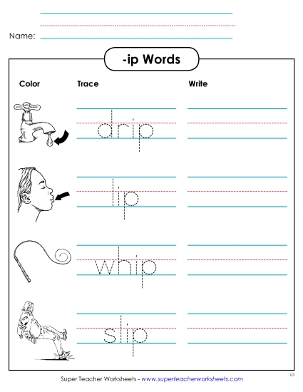 Worksheets - Trace and Write (-ip) (Printable PDF Worksheet)